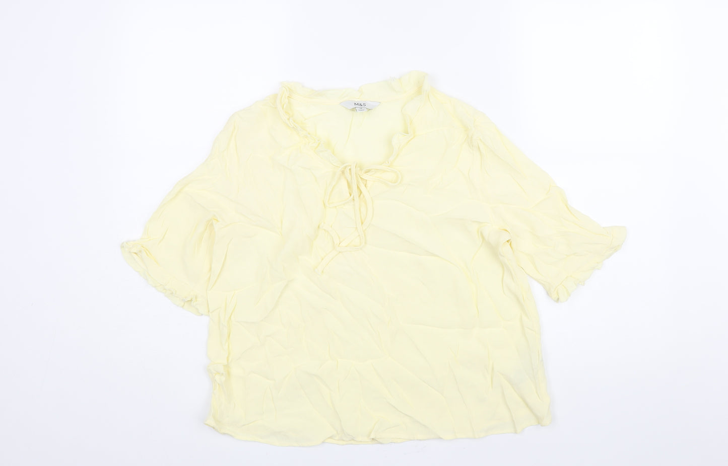 Marks and Spencer Womens Yellow Viscose Basic Blouse Size 12 V-Neck - Frill