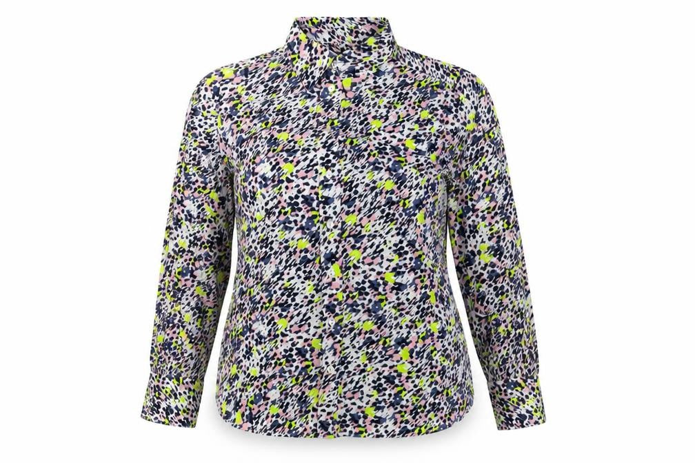 Front view of Marks & Spencer women’s multicoloured geometric polyester basic button-up, size UK 16, collared