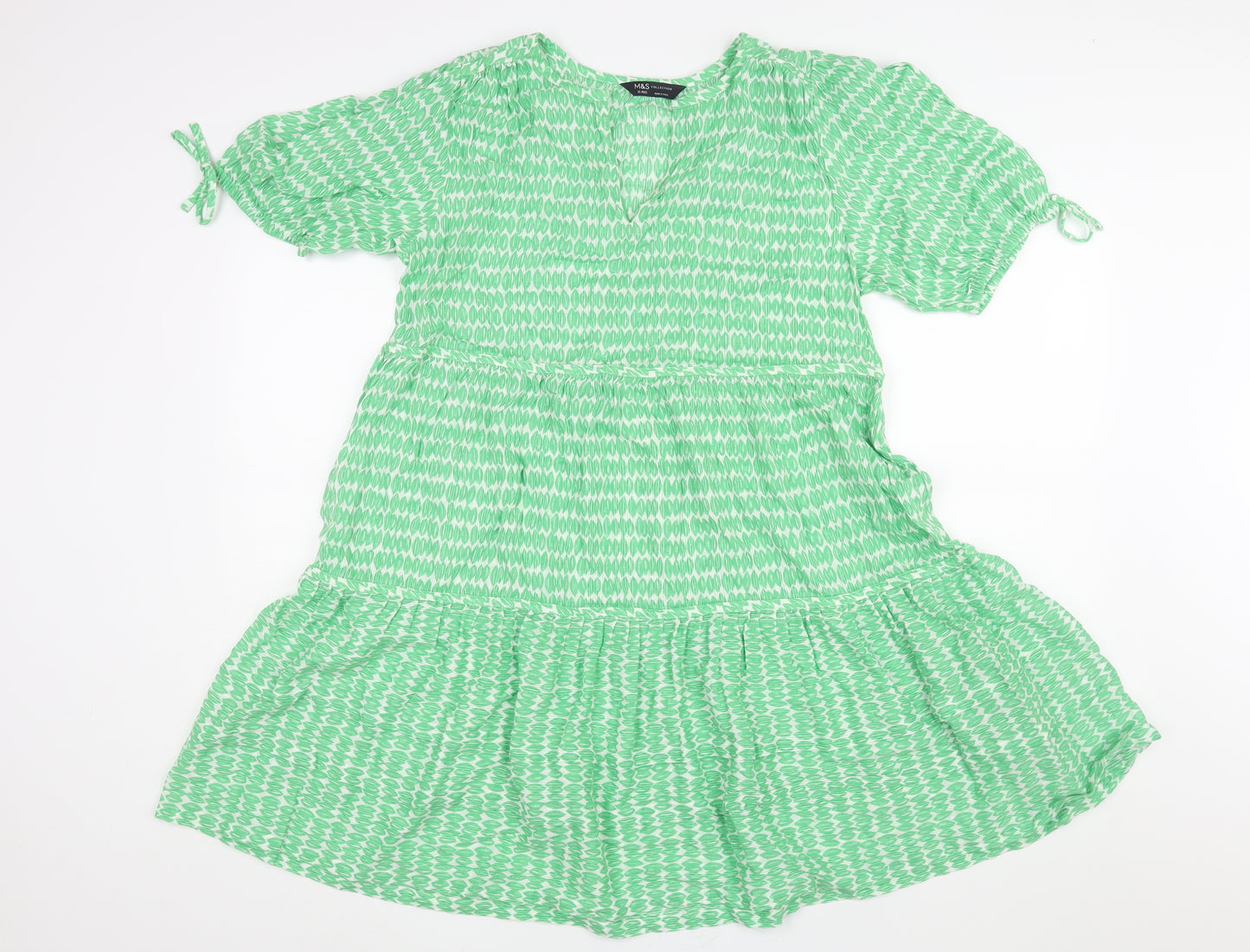 Marks and Spencer Womens Green Geometric Cotton Shift Size 12 V-Neck Pullover