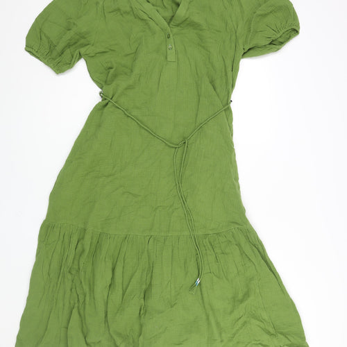 Per Una Womens Green Cotton A-Line Size 10 V-Neck Button - Belted