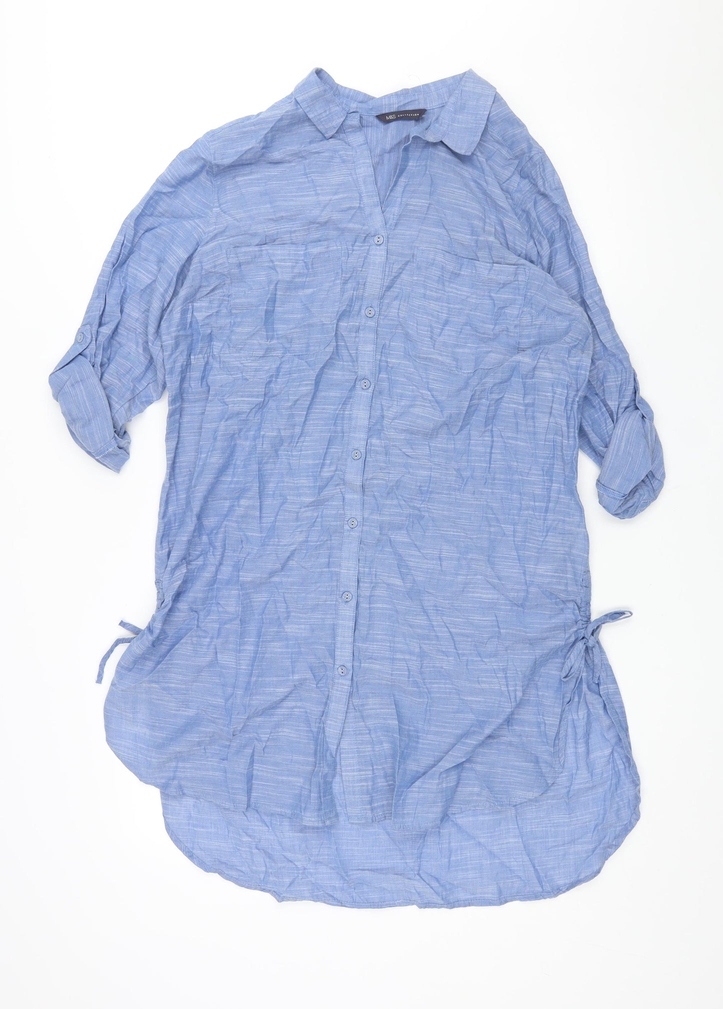 Marks and Spencer Womens Blue Cotton Shirt Dress Size 12 Collared Button - Drawstring Detail