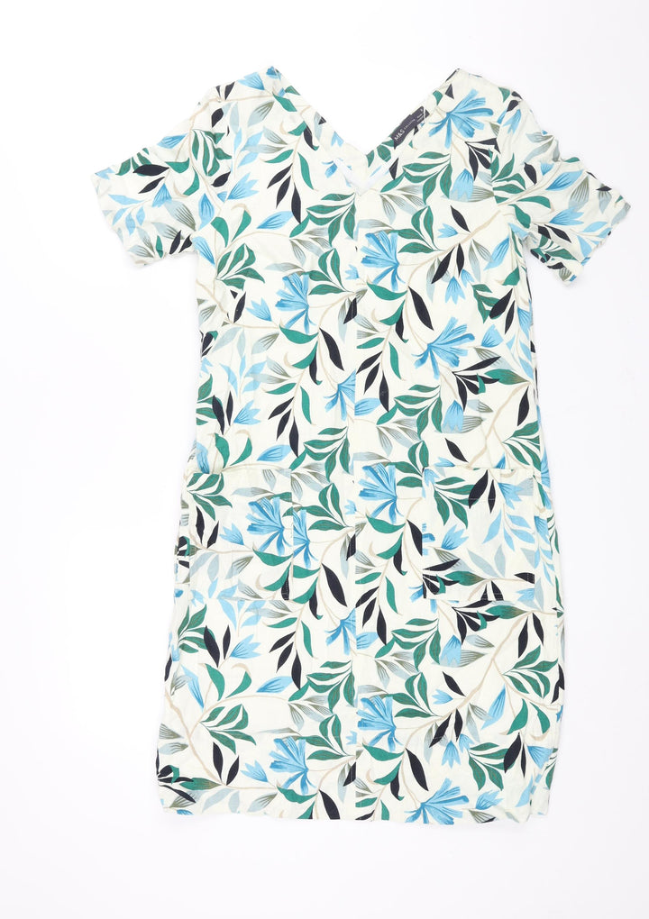 Marks and Spencer Womens Multicoloured Geometric Linen Shift Size 8 V-Neck Pullover - Floral Print