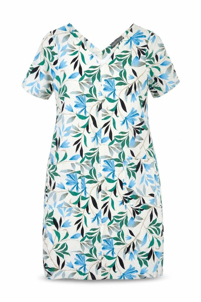 Front view of Marks & Spencer women’s multicoloured geometric linen shift, size UK 8, v-neck pullover - floral print