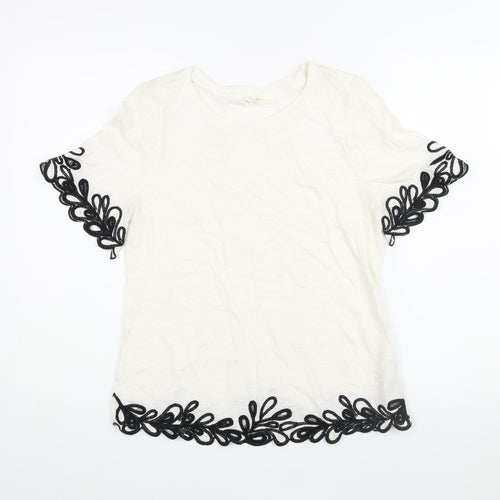 Per Una Womens Ivory Cotton Basic Blouse Size 8 Round Neck - Floral Embroidered Trim
