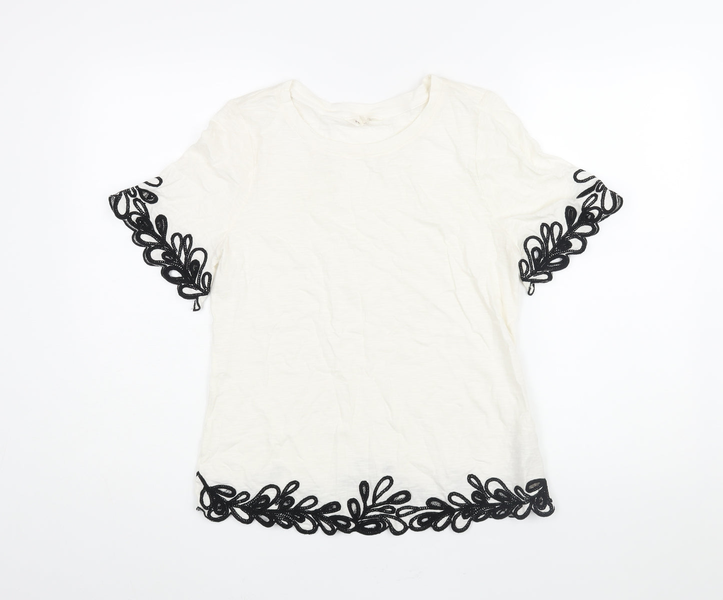 Per Una Womens Ivory Cotton Basic Blouse Size 8 Round Neck - Floral Embroidered Trim