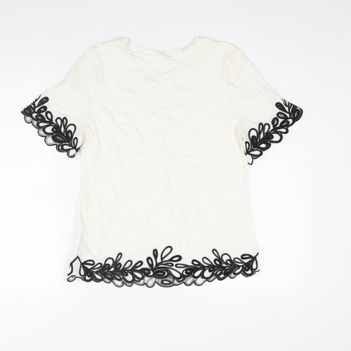 Per Una Womens Ivory Cotton Basic Blouse Size 8 Round Neck - Floral Embroidered Trim