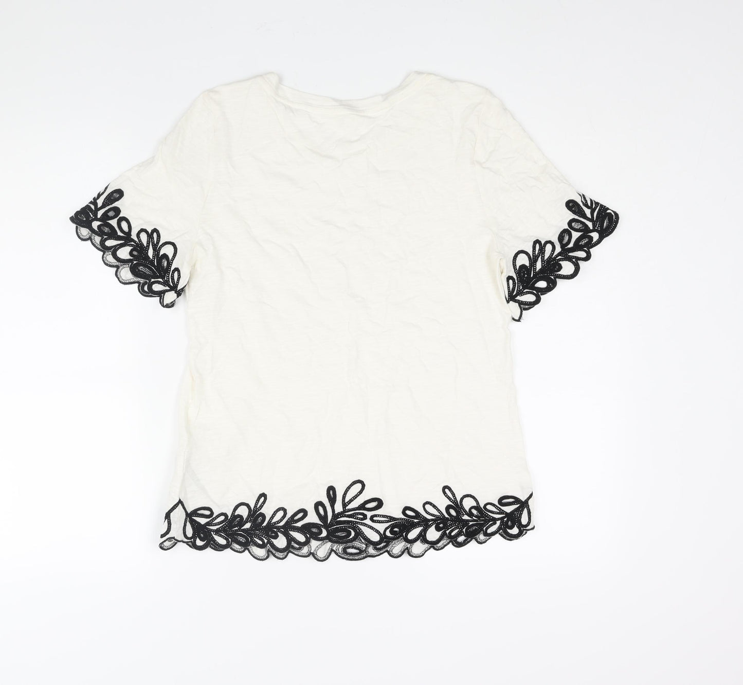 Per Una Womens Ivory Cotton Basic Blouse Size 8 Round Neck - Floral Embroidered Trim