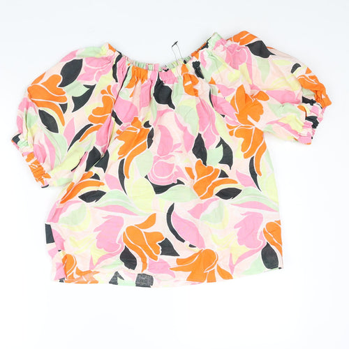 Marks and Spencer Womens Multicoloured Geometric Linen Basic Blouse Size 8 Round Neck