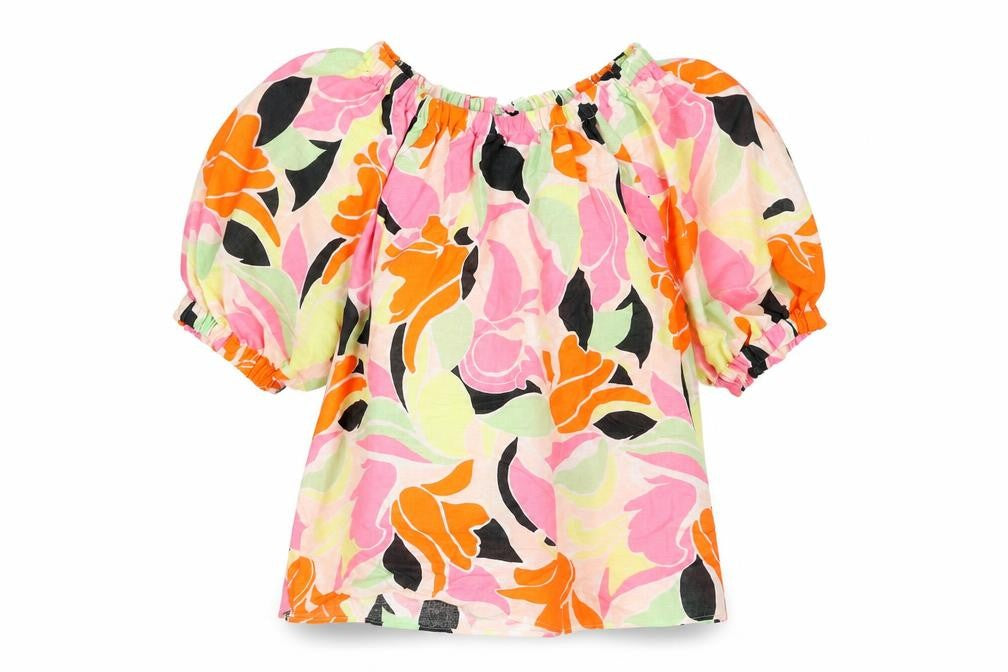 Front view of Marks & Spencer women’s multicoloured geometric linen basic blouse, size UK 8, round neck