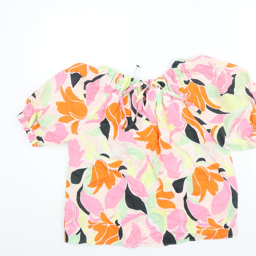 Marks and Spencer Womens Multicoloured Geometric Linen Basic Blouse Size 8 Round Neck
