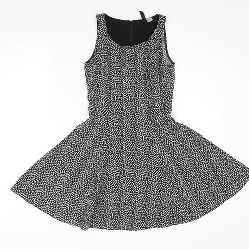 Divided by H&M Womens Black Geometric Polyester Skater Dress Size 6 Scoop Neck Zip - Floral Print