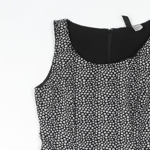Divided by H&M Womens Black Geometric Polyester Skater Dress Size 6 Scoop Neck Zip - Floral Print