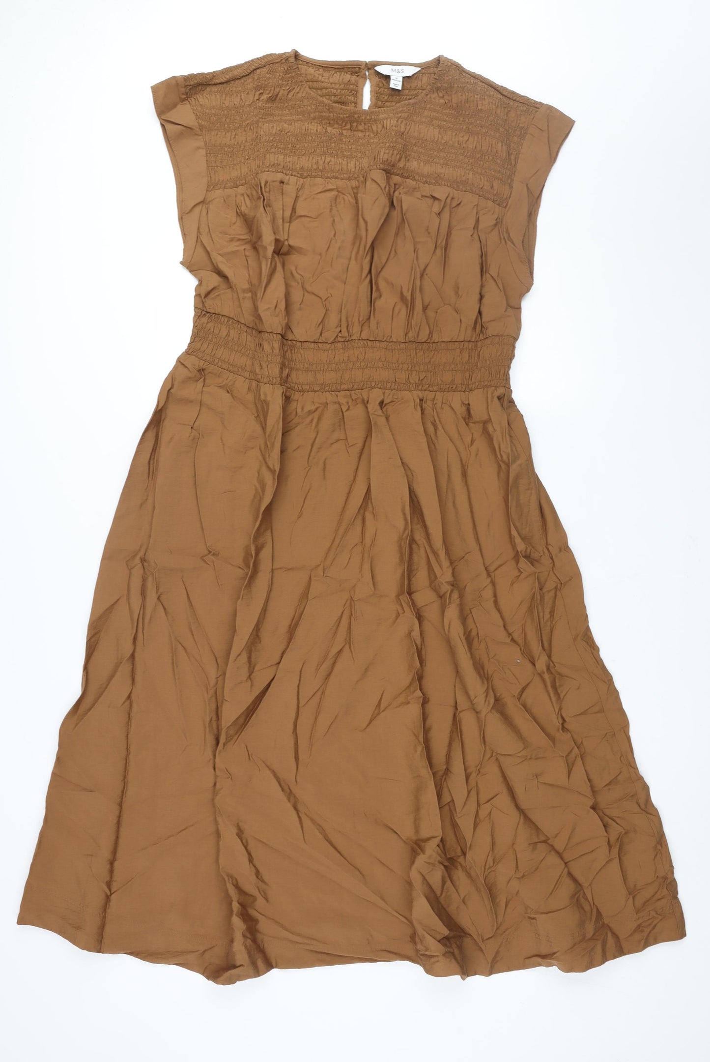 Marks and Spencer Womens Brown Viscose Shift Size 16 Round Neck Button - Rouched Bodice