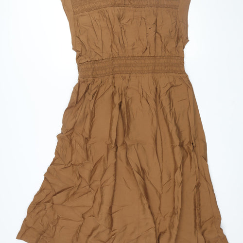 Marks and Spencer Womens Brown Viscose Shift Size 16 Round Neck Button - Rouched Bodice