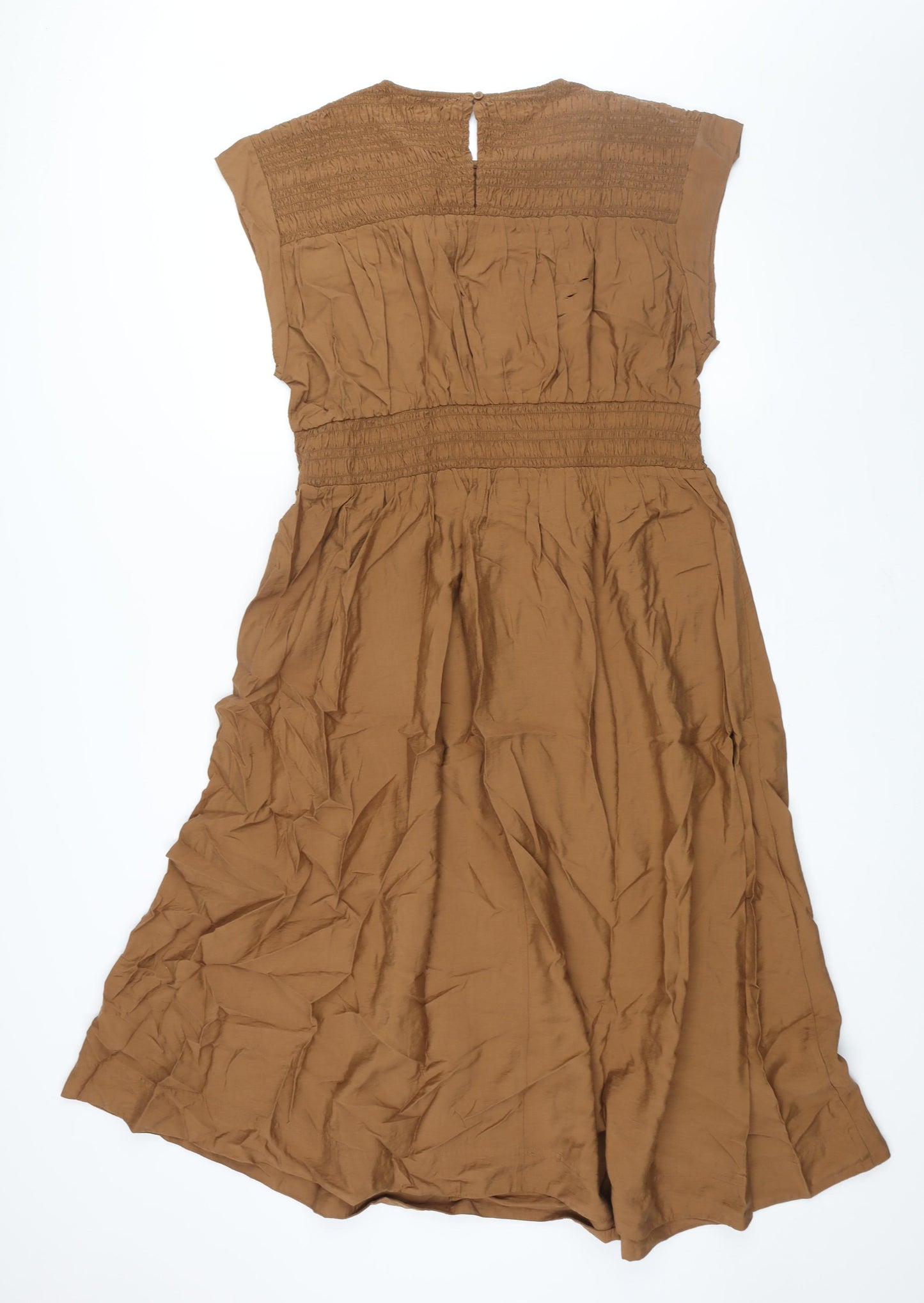 Marks and Spencer Womens Brown Viscose Shift Size 16 Round Neck Button - Rouched Bodice