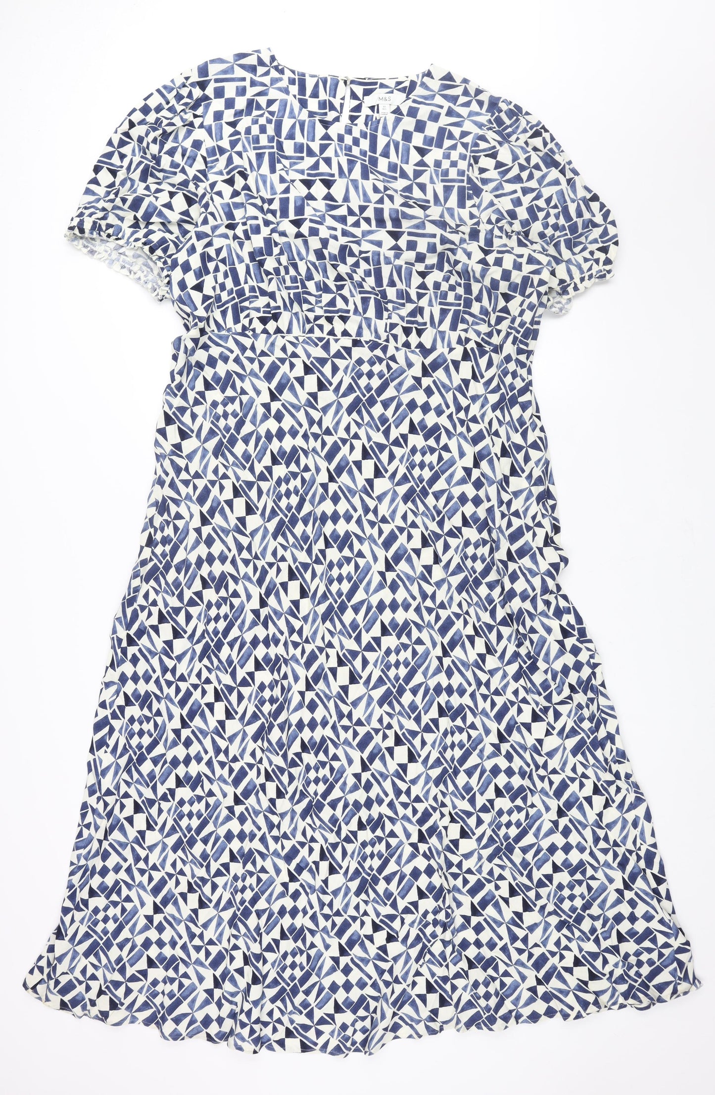 Marks and Spencer Womens Blue Geometric Viscose Maxi Size 22 Round Neck Zip