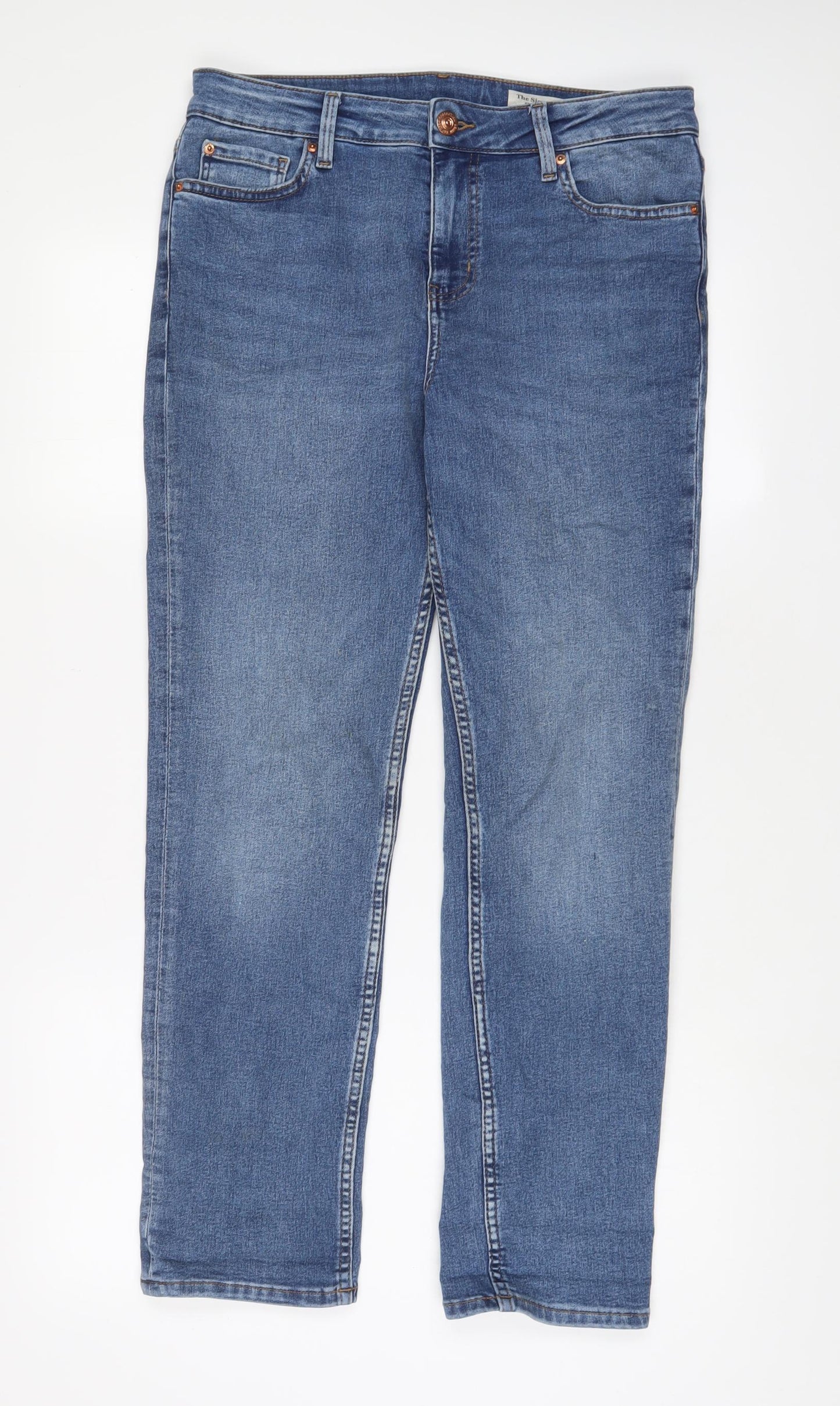 Marks and Spencer Womens Blue Cotton Straight Jeans Size 14 L28 in Regular Zip