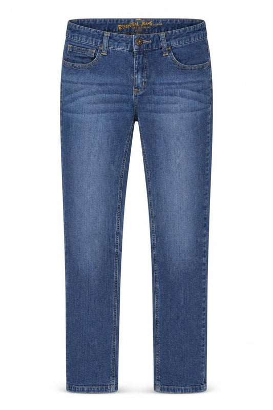 Front view of Essentials Jeans women’s blue cotton tapered jeans, size UK 28, in, 31-inch leg regular zip