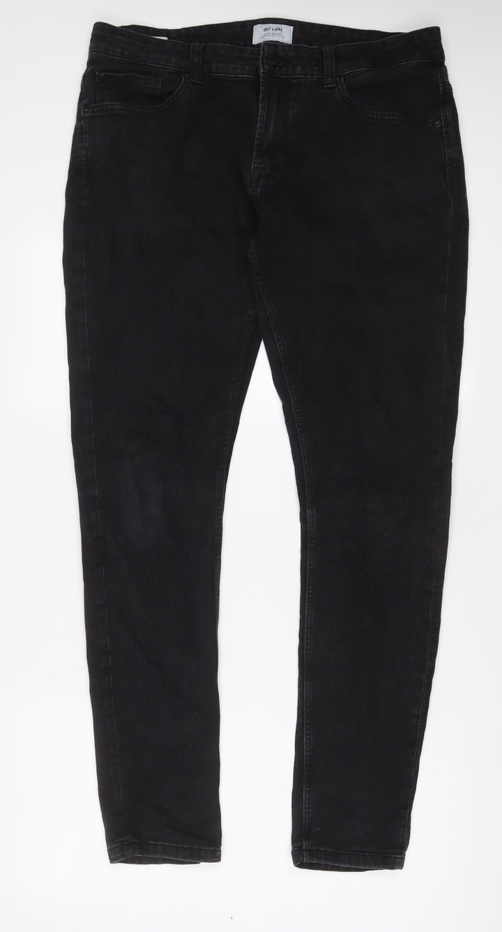 ONLY & SONS Mens Grey Cotton Skinny Jeans Size 34 in L34 in Regular Zip