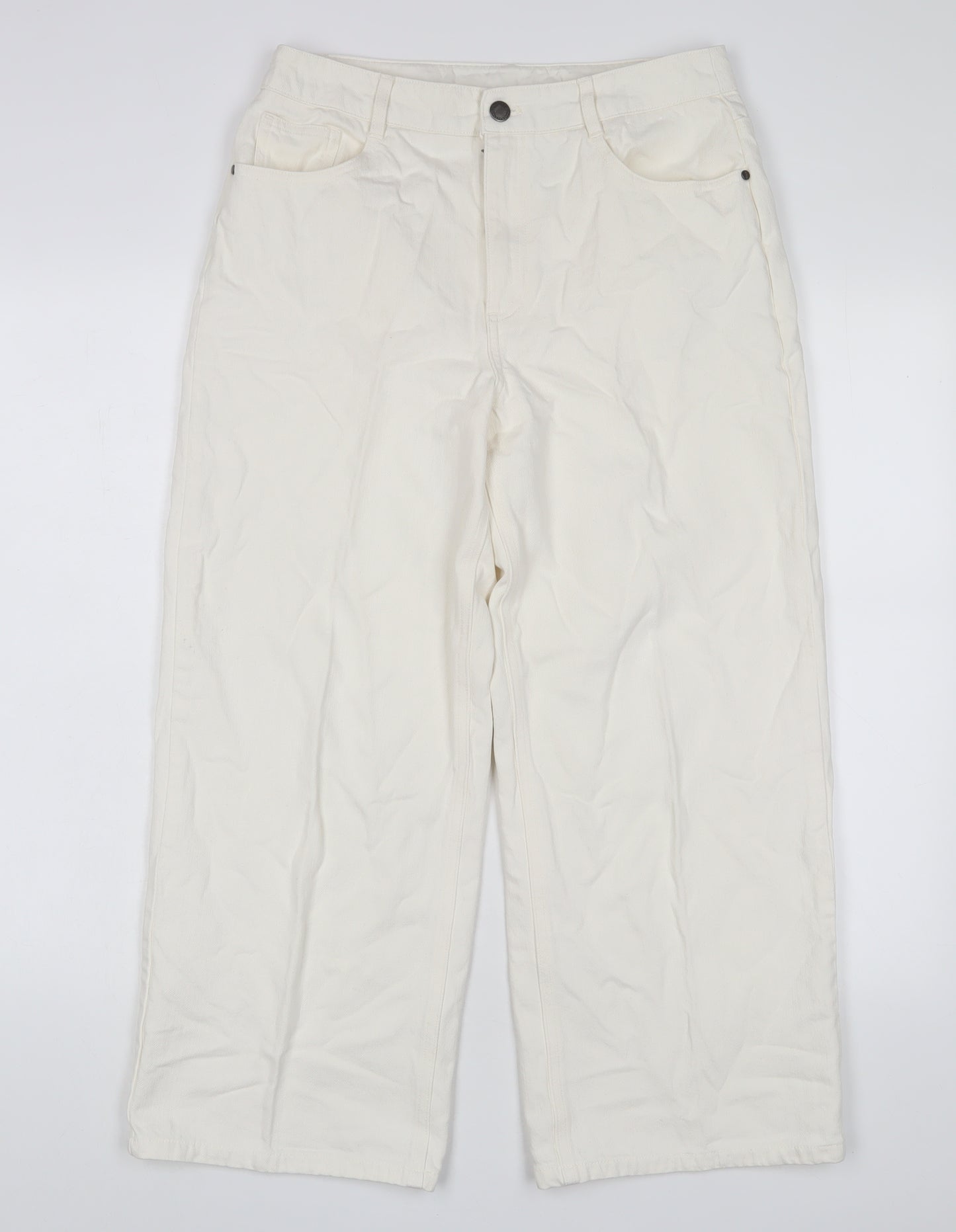 Seasalt Womens White Cotton Wide-Leg Jeans Size 12 L24 in Regular Zip