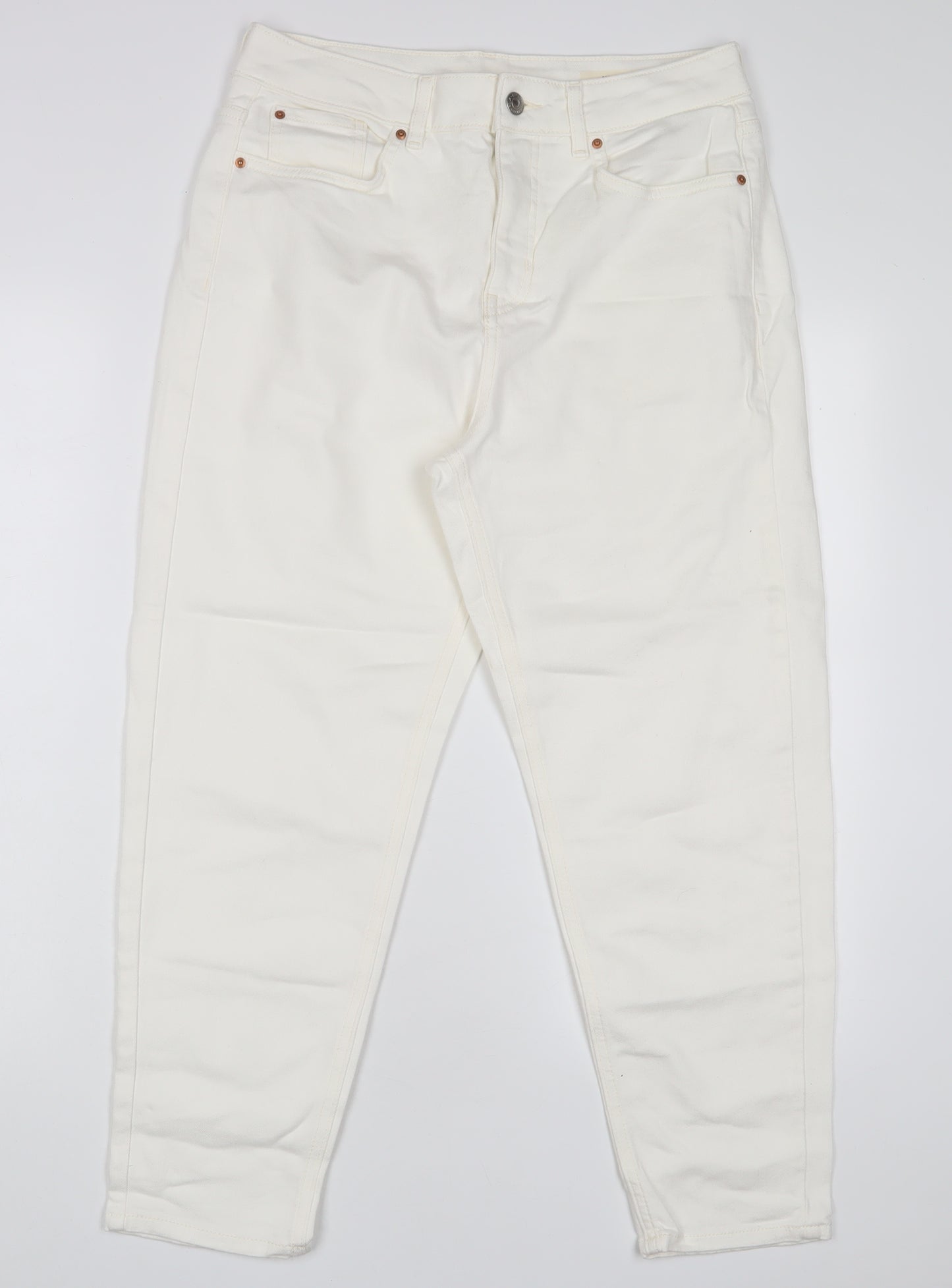 Marks and Spencer Womens White Cotton Mom Jeans Size 12 L25 in Regular Zip