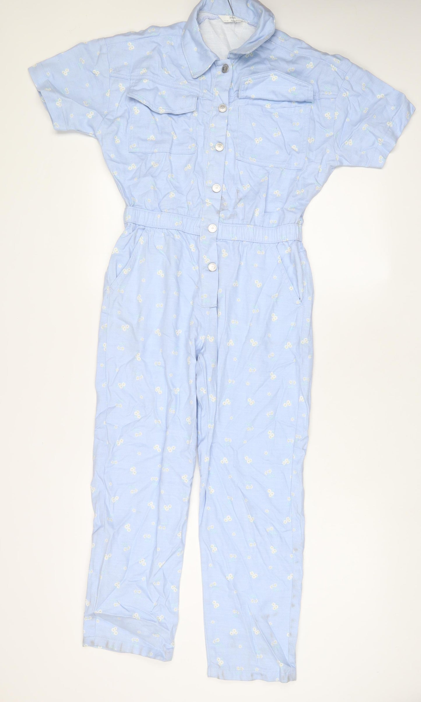 Marks and Spencer Girls Blue Flecked Cotton Dungaree One-Piece Size 11-12 Years L25 in Button