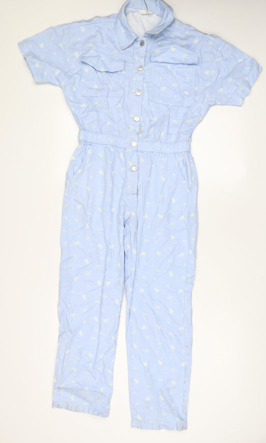 Marks and Spencer Girls Blue Flecked Cotton Dungaree One-Piece Size 11-12 Years L25 in Button