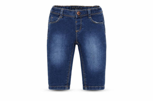 Front view of Denim & Co. boys’ blue cotton capri jeans, size 6-9, months button