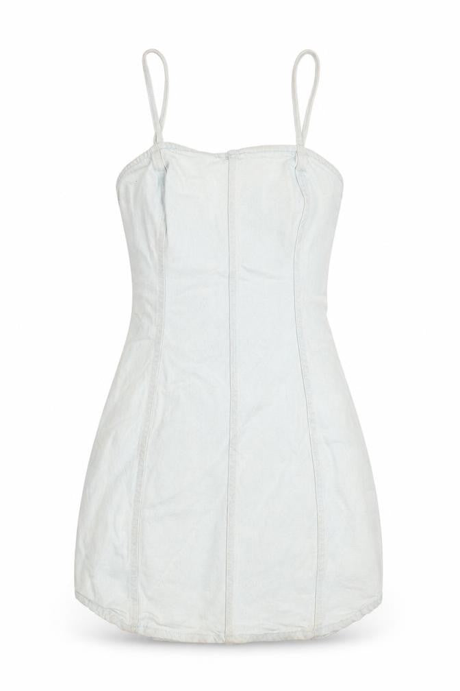 Front view of Zara women’s blue cotton a-line, size XS, square neck zip