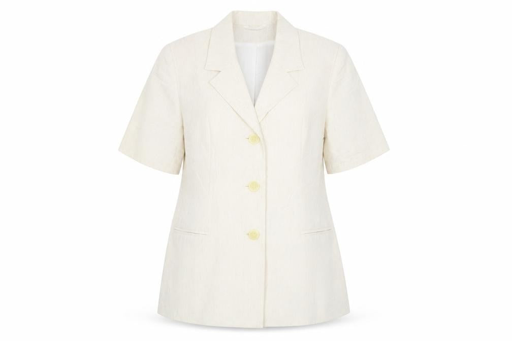 Front view of C&A women’s beige jacket blazer, size UK 12, button