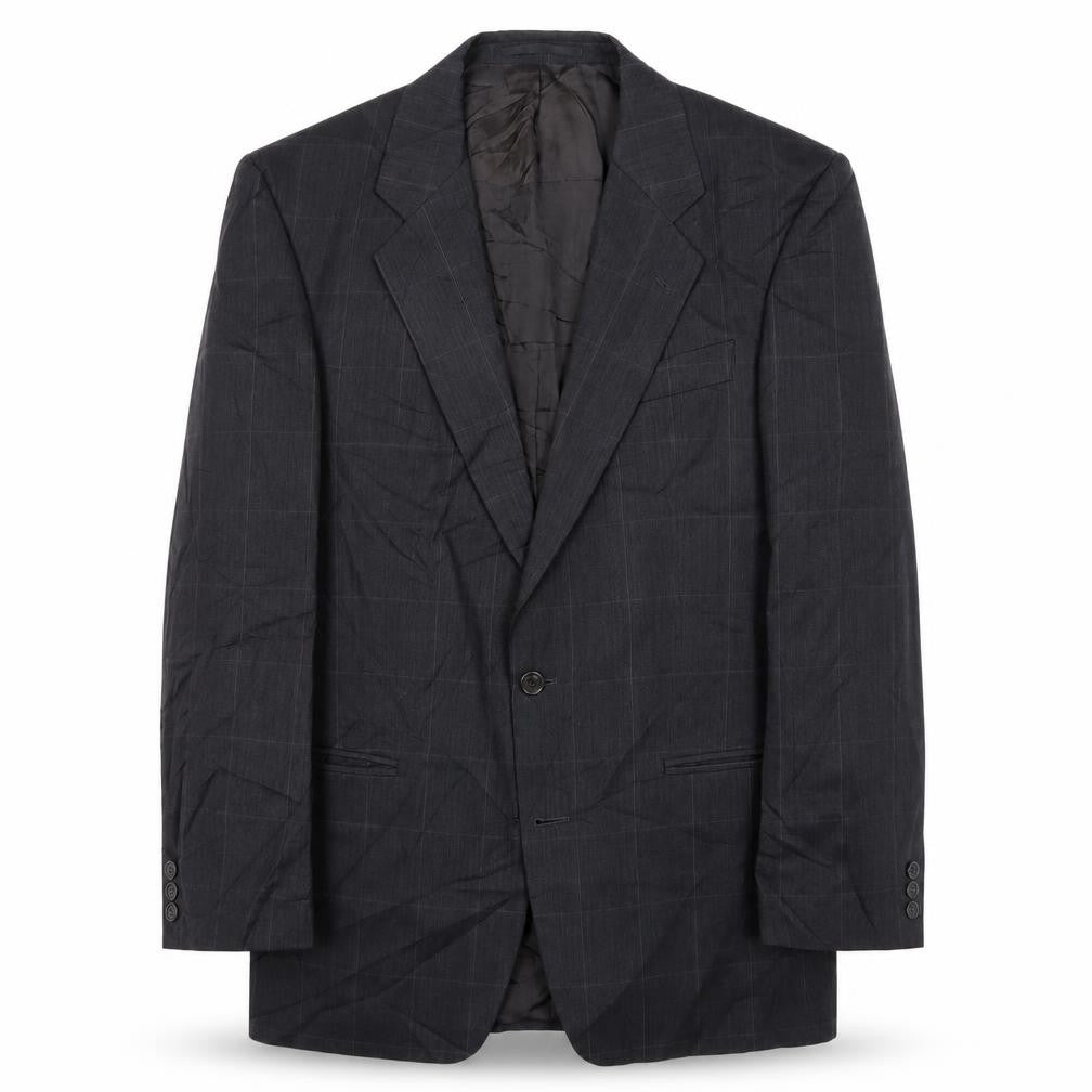 Front view of Marks & Spencer men’s grey plaid polyester jacket suit jacket, size 40, regular