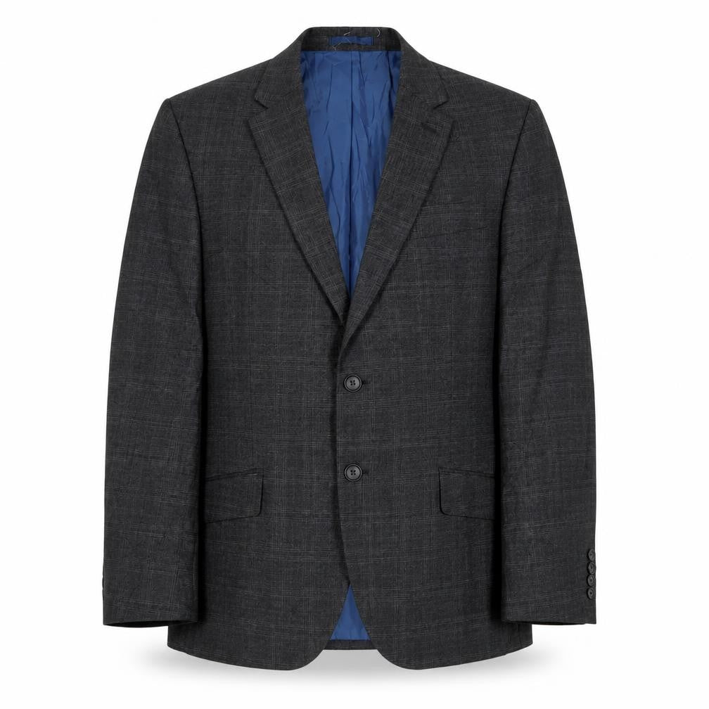 Front view of Marks & Spencer men’s grey plaid polyester jacket suit jacket, size 40, regular