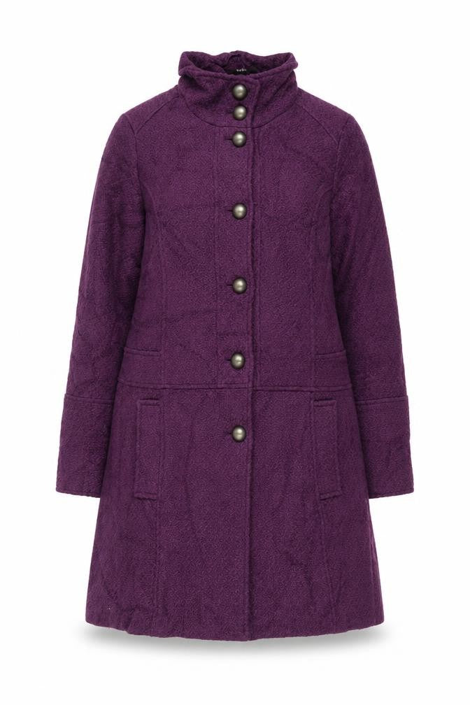 Front view of La Redoute women’s purple overcoat coat, size UK 12, button
