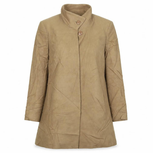 Front view of Lady Line women’s beige overcoat coat, size UK 12, button - pockets
