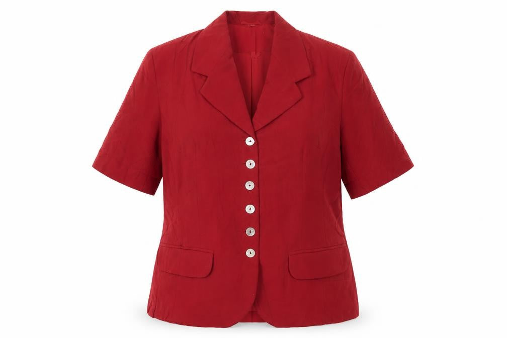Front view of Etam women’s red jacket blazer, size UK 12, button