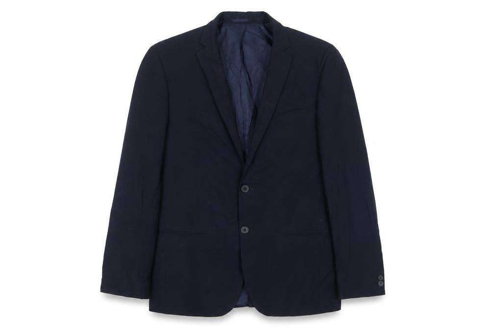 Front view of Limehaus men’s blue polyester jacket suit jacket, size 38, regular