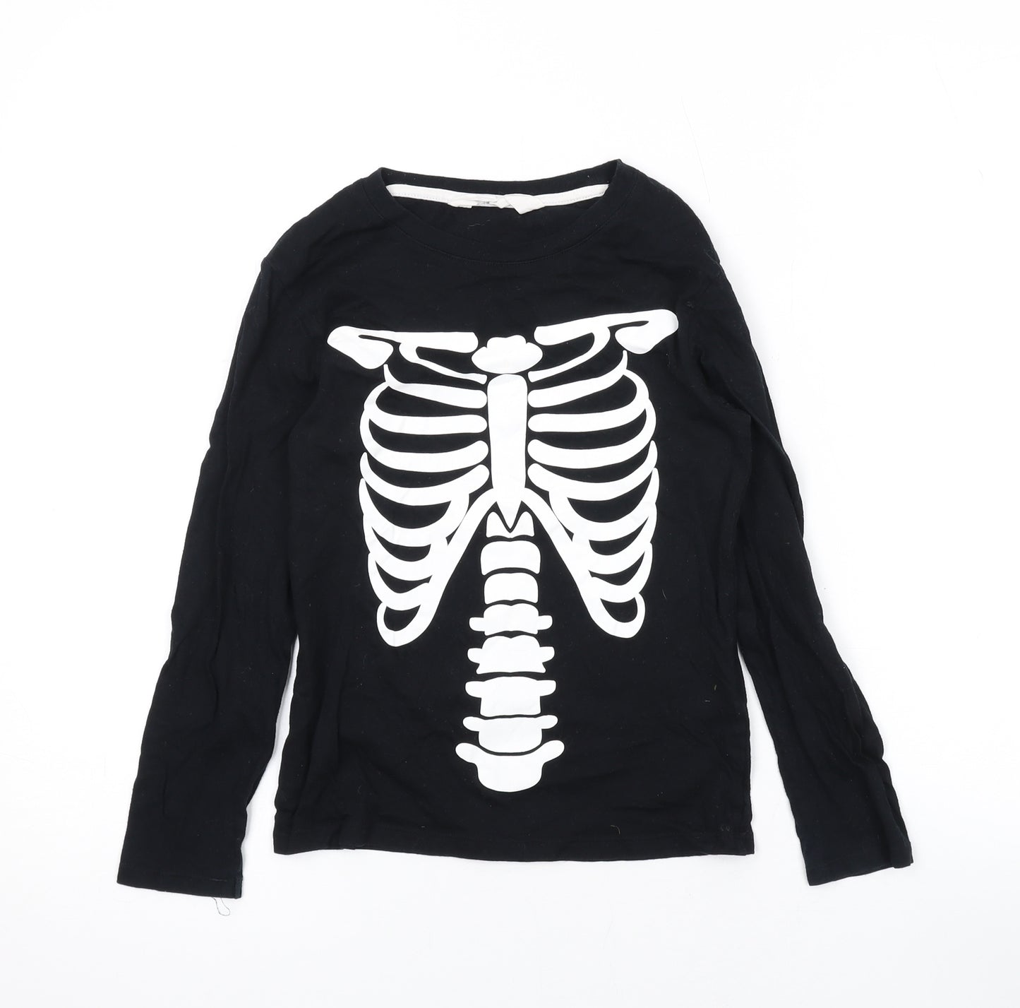 H&M Boys Black Cotton Basic T-Shirt Size 6-7 Years Round Neck Pullover - Skeleton, Halloween