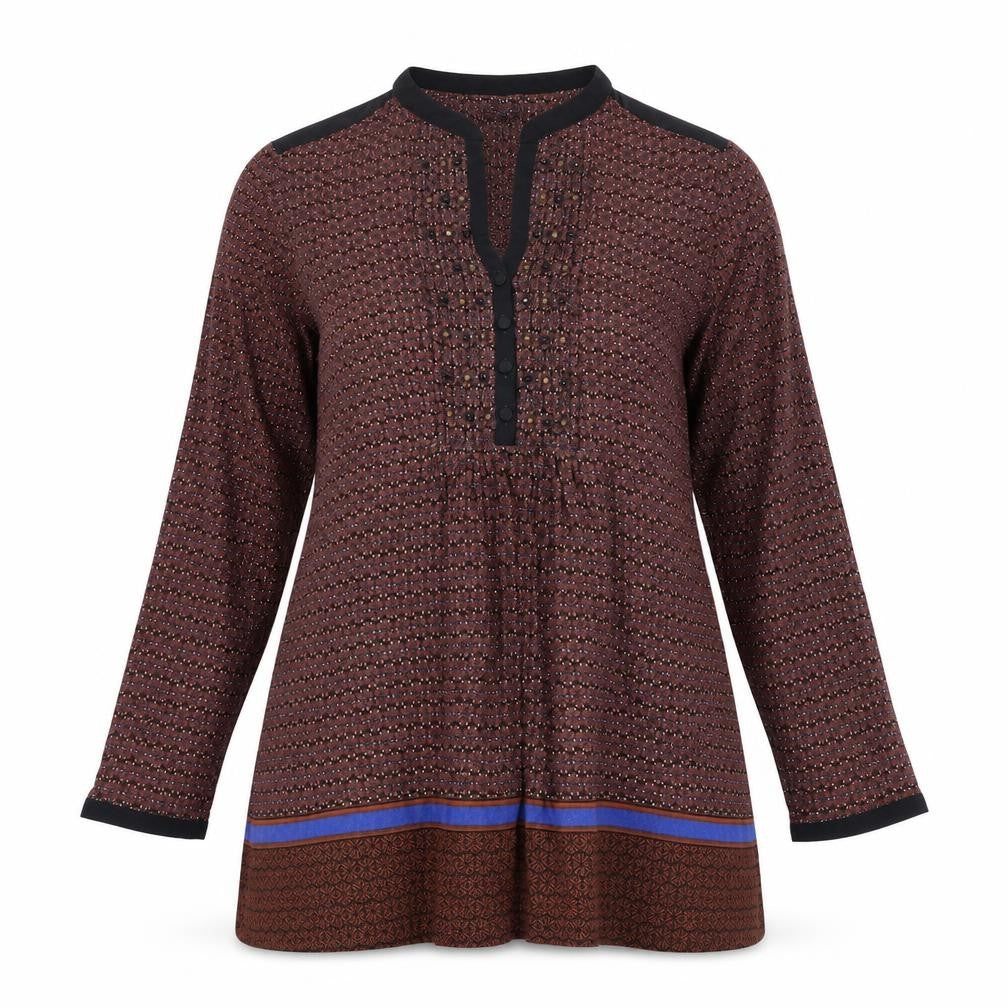 Front view of Per Una women’s orange geometric viscose basic blouse, size UK 16, v-neck