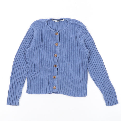 Marks and Spencer Boys Blue Round Neck Cotton Cardigan Jumper Size 3-4 Years Buckle