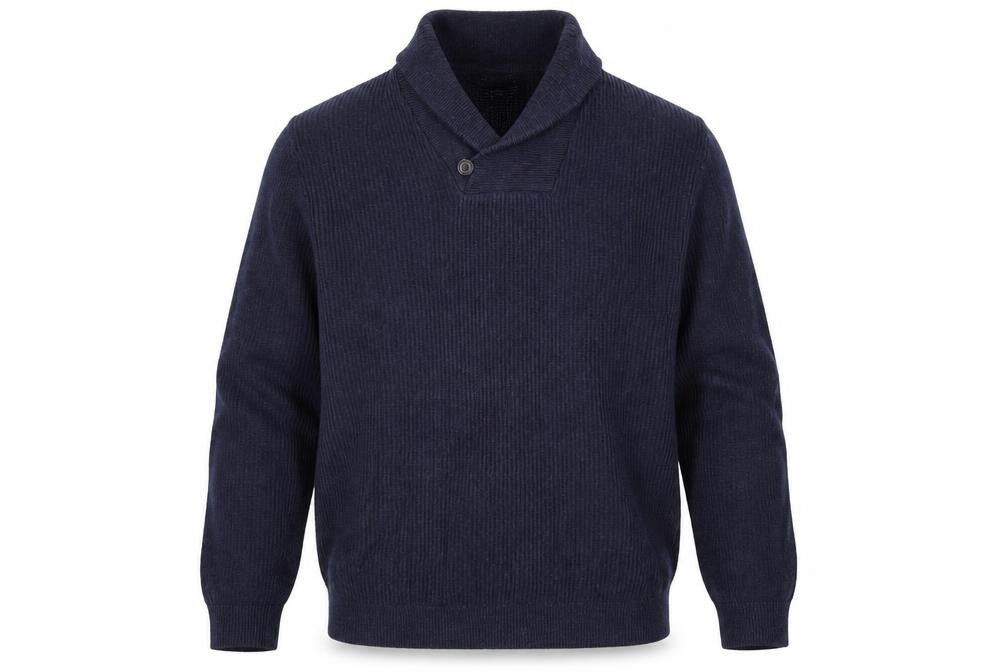 Front view of Next men’s blue v-neck cotton jumper, size L, long sleeve