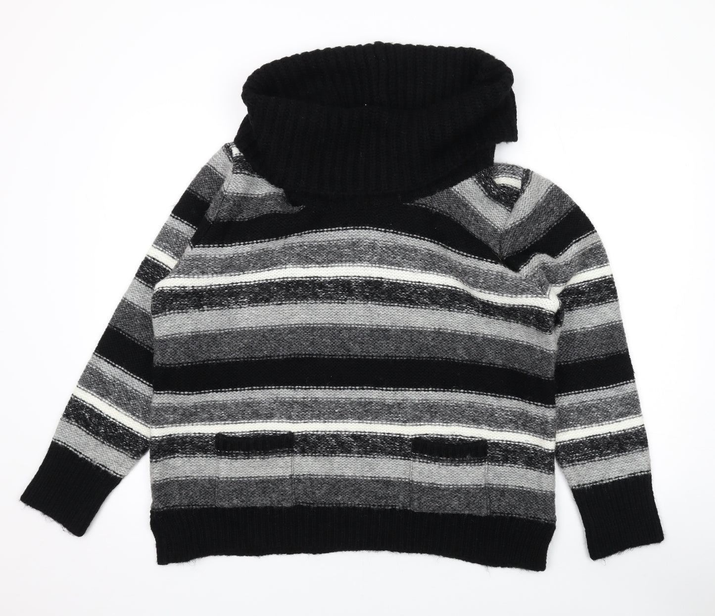 M&Co Womens Black Roll Neck Striped Acrylic Pullover Jumper Size 2
