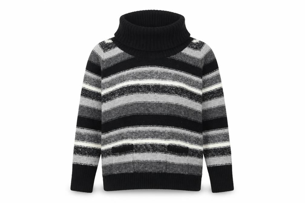Front view of M&Co women’s black roll neck striped acrylic jumper, size UK 2