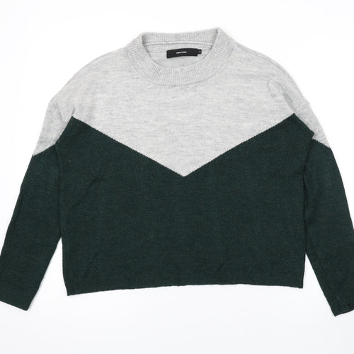 VERO MODA Womens Green Round Neck Geometric Acrylic Pullover Jumper Size XS