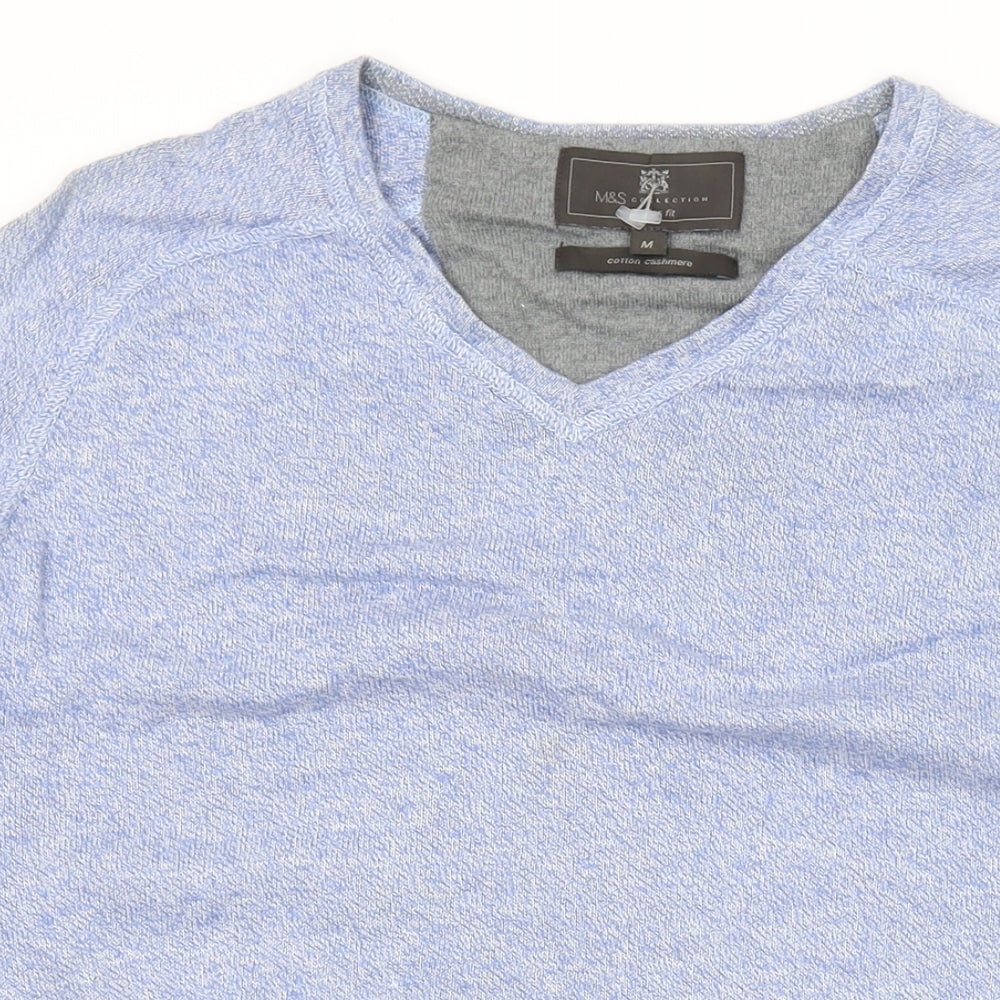 Marks and Spencer Mens Blue V-Neck Cotton Pullover Jumper Size M Long Sleeve