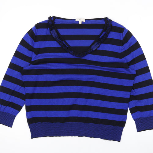 Country Casuals Womens Blue Scoop Neck Striped Viscose Pullover Jumper Size L