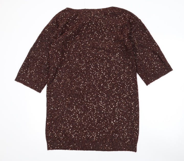 Oasis Womens Brown Acrylic A-Line Size XS Boat Neck Pullover - Sequins