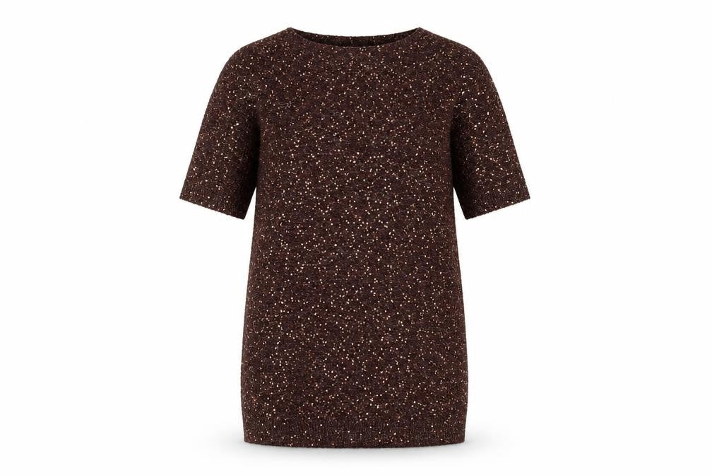 Front view of Oasis women’s brown acrylic a-line, size XS, boat neck pullover - sequins