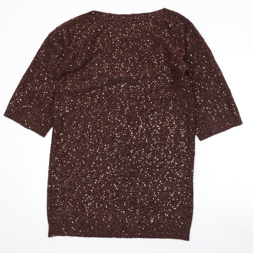 Oasis Womens Brown Acrylic A-Line Size XS Boat Neck Pullover - Sequins
