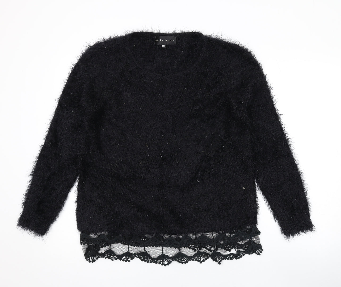 Mela London Womens Black Round Neck Acrylic Pullover Jumper Size M - Lace Detail