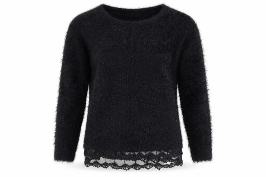Front view of Mela London women’s black round neck acrylic jumper, size M, - lace detail